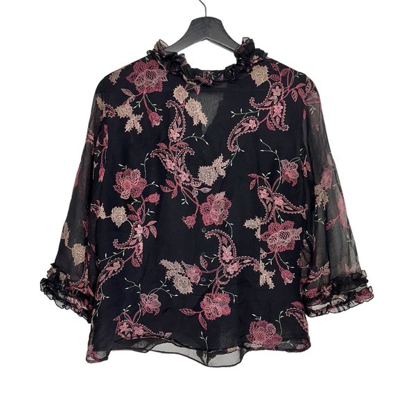 Malcolm & Co Silk Ruffle Button Front Black V-Neck Lined Blouse M - Picture 5 of 5